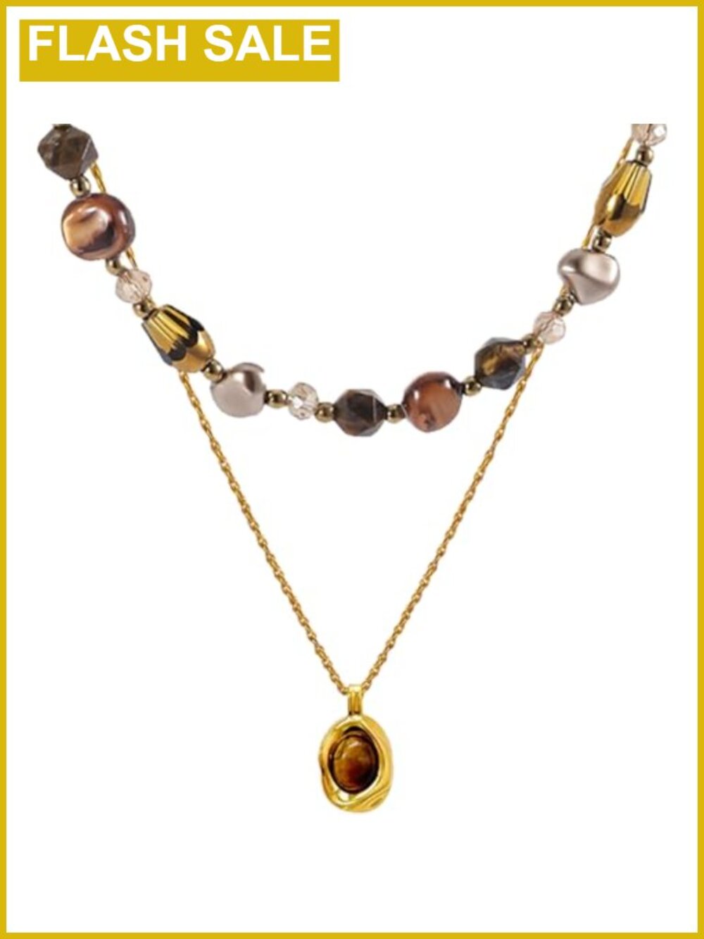14K Gold Plated Layering Necklace with Tiger Eye Pendant